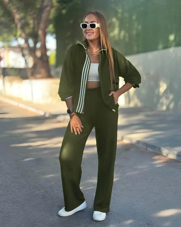 Kadın Uzun Kollu Kapşonlu Onu şerit Detaylı Fermuarlı Viskon Iki Iplik Bluz Ve Pantolon Ikili Takım