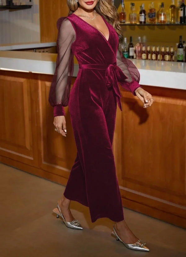 Kadın Uzun Kollu Kruvaze Yakalı Belden Kuşaklı Tül Detaylı Kadife Tulum