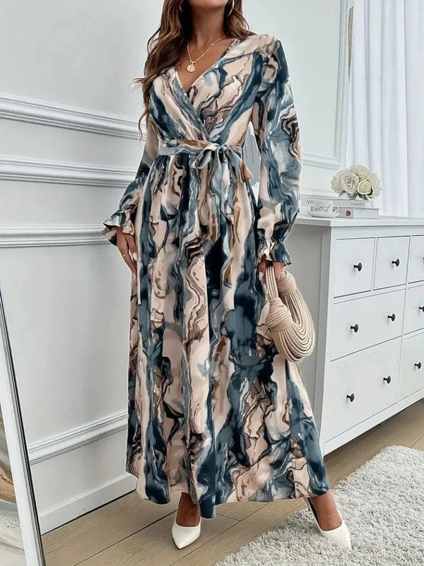 Kadın Uzun Kollu Kruvaze Yakalı Beli Kuşaklı Desenli Süprem Maxi Elbise