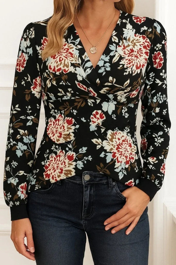 Kadın Uzun Kollu Kruvaze Yakalı Kelebek Desenli şardonlu Dalgıç Bluz