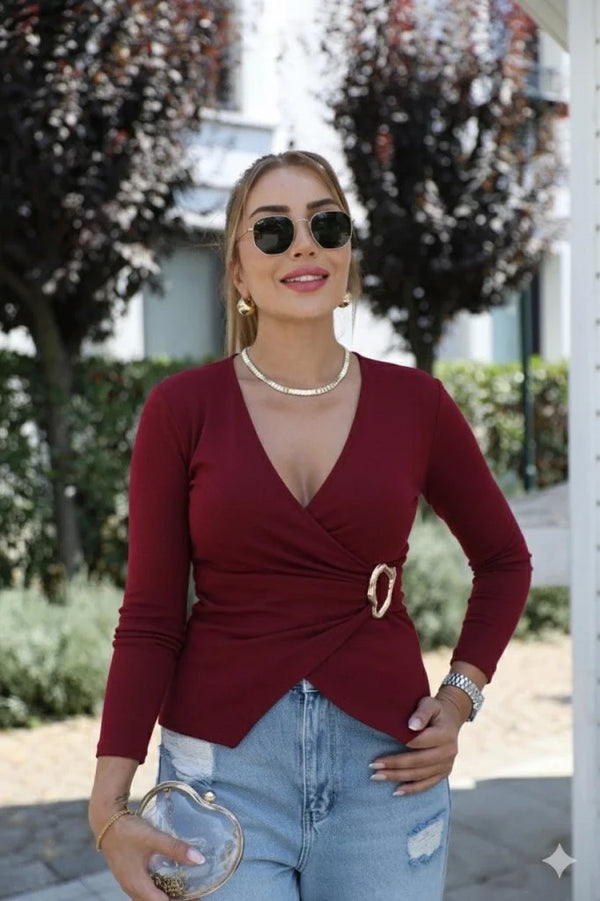 Kadın Uzun Kollu Kruvaze Yakalı Toka Detaylı Viskon Bluz