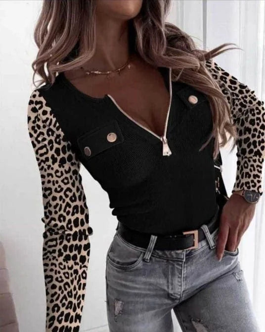 Kadın Uzun Kollu Leopar Desenli Fermuarlı önden Cep Ve Düğme Detaylı Kaşkorse Bluz