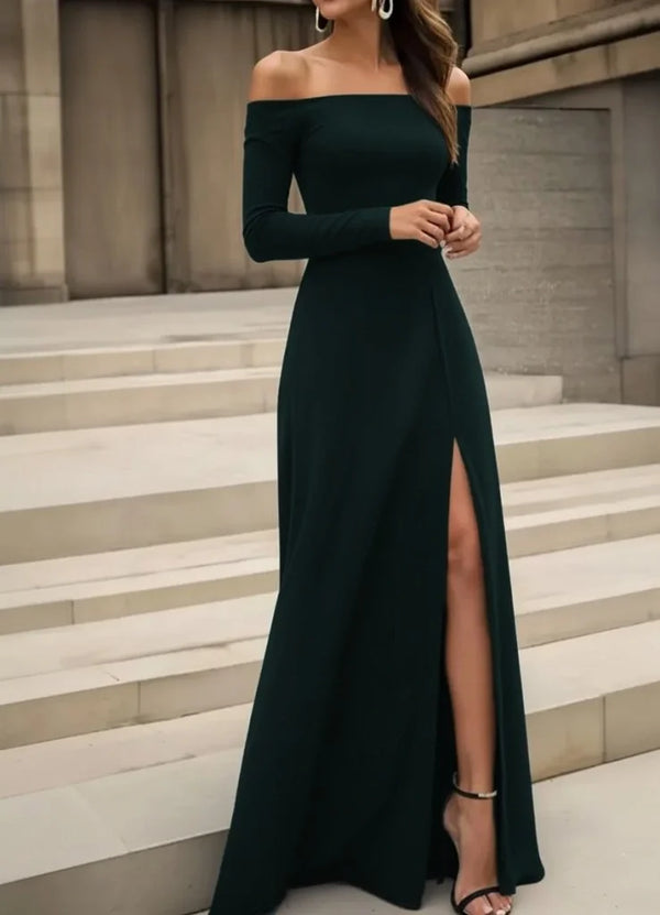 Kadın Uzun Kollu Madonna Yakalı Yırtmaç Detaylı Uzun Ithal Krep Elbise