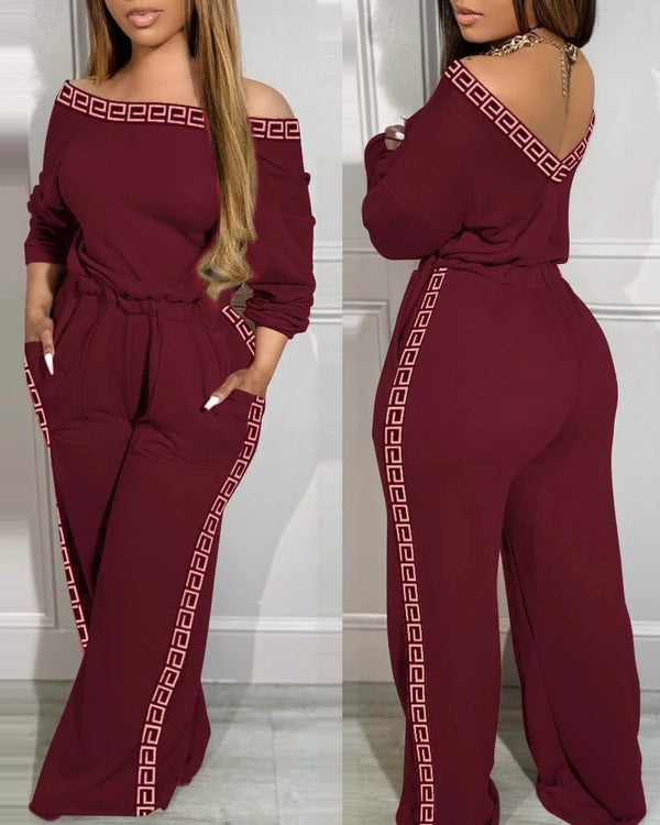 Kadın Uzun Kollu Omuzlardan Açık Beli Lastikli Cepli şerit Desenli Viskon Iki Iplik Tulum