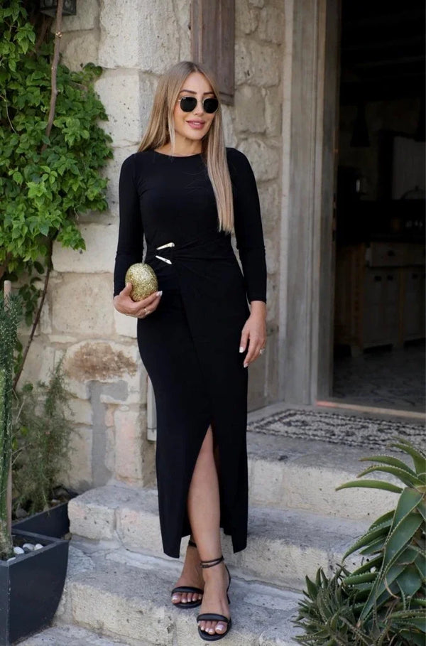 Kadın Uzun Kollu önden çapraz Detaylı Yandan Toka Detaylı Uzun Sandy Elbise