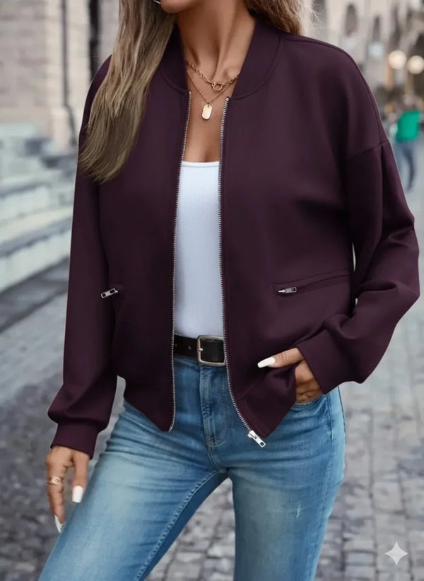 Kadın Uzun Kollu önden Fermuarlı Cepli Modal Mürdüm Ceket