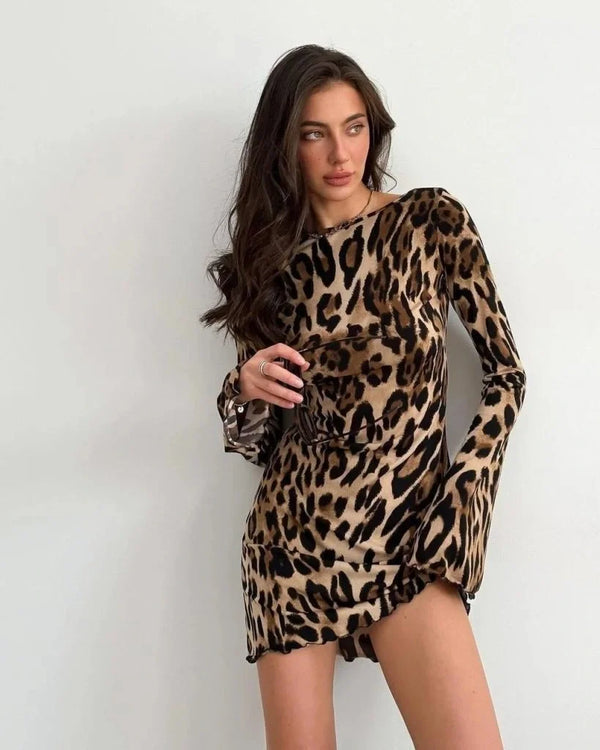Kadın Uzun Kollu Sırtı Açık Bağlamalı Leopar Desenli Kısa Dalgıç Elbise