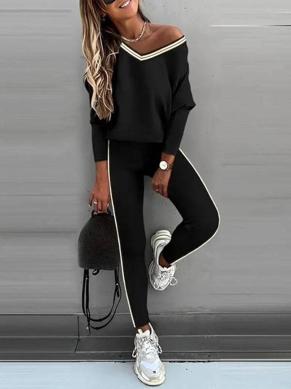 Kadın Uzun Kollu Tek Omuzu Açık Detaylı Viskon Iki Iplik Bluz Ve Pantolon Ikili Takım