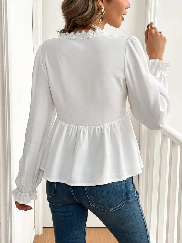 Kadın Uzun Kollu V Dantel Yaka Aerobin Bluz