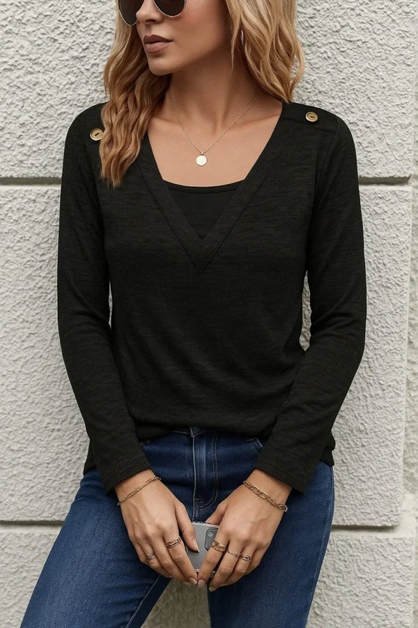 Kadın Uzun Kollu V Yaka Düğme Detaylı Yumoş Bluz