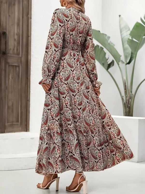 Kadın Uzun Kollu V Yakalı Beli Lastikli Desenli Süprem Elbise