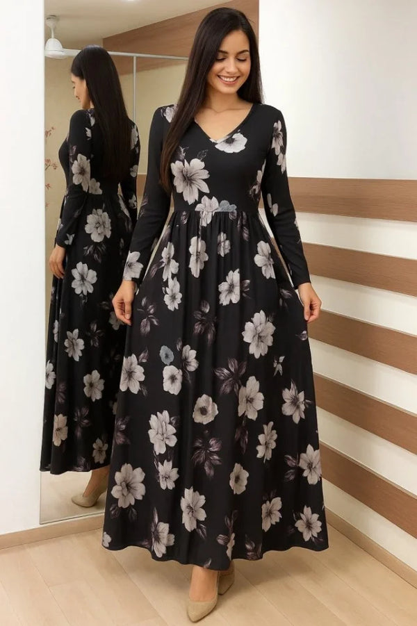 Kadın Uzun Kollu V Yakalı çiçek Desenli Maxi Süprem Elbise