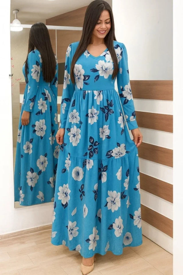 Kadın Uzun Kollu V Yakalı çiçek Desenli Maxi Süprem Elbise