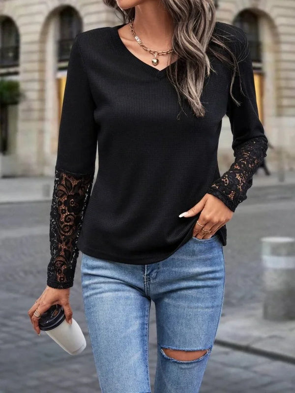 Kadın Uzun Kollu V Yakalı Dantelli Waffle Bluz