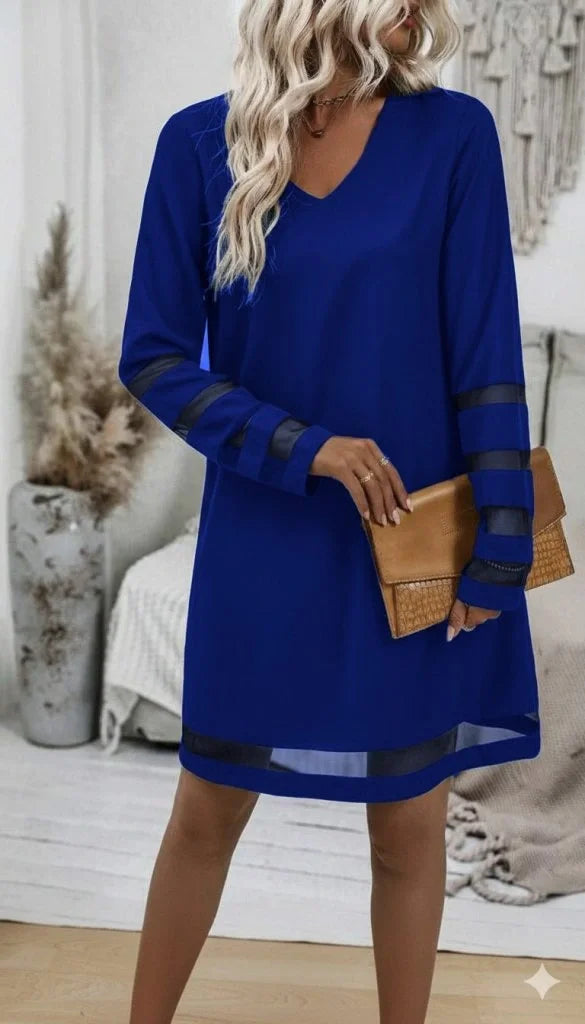 Kadın Uzun Kollu V Yakalı Tül şerit Detaylı Mini Krep Elbise