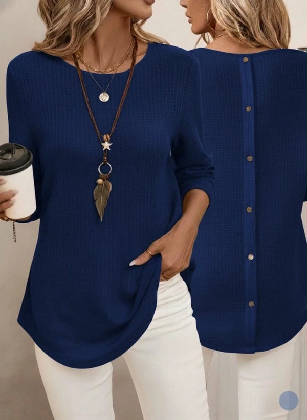 Kadın Uzun Kollu Yuvarlak Yaka Arkadan Düğmeli Waffle Bluz