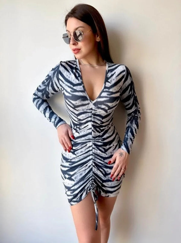 Kadın V Yaka önü Asansör Büzgü Detay Fırsat ürün Zebra Mini Elbise