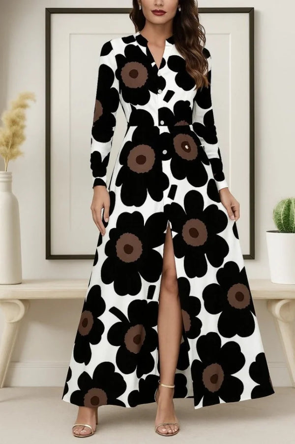 Kadın Yakalı önden Düğmeli çiçek Desenli Uzun Süprem Elbise