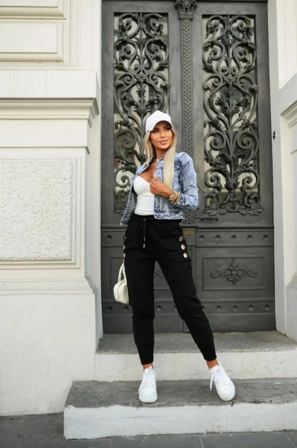 Kadın Yüksek Bel Lastikli Yanlardan Düğmeli Viskon Iki Iplik Pantolon