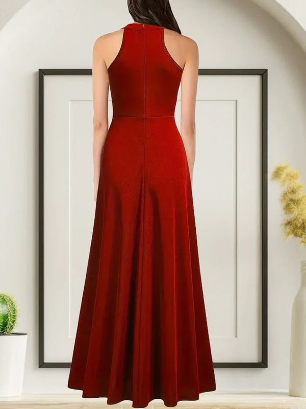 Kadınhalter Yaka Derin Yırtmaç Detaylı Tam Boy Ithal Krep Abiye Elbise