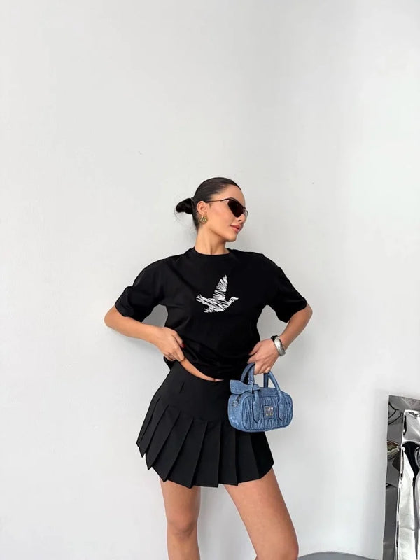 Kısa Kol Baskılı T-shirt - Siyah