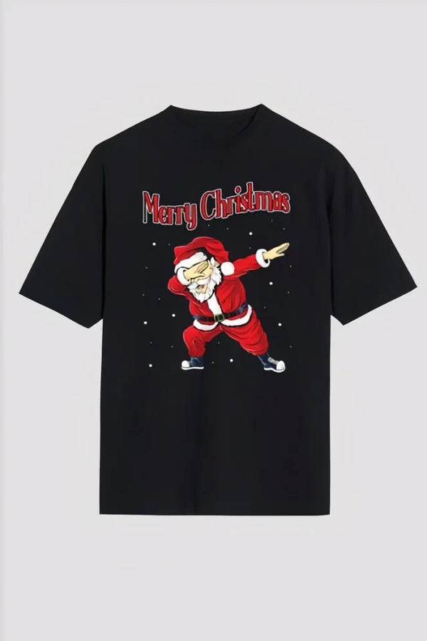 Merry Christmas Baskılı Noel Babalı T-shirt - Siyah