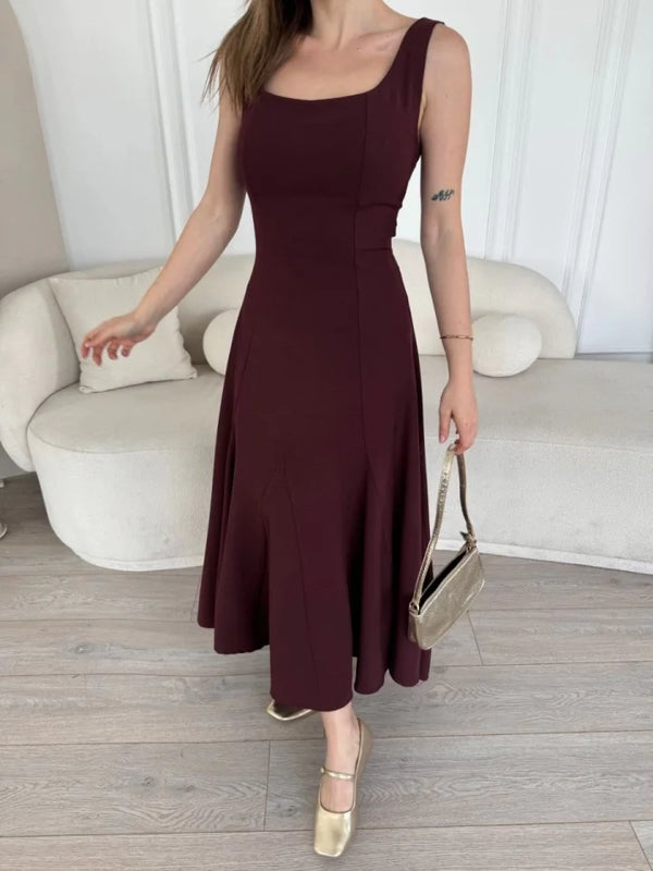 Sırt Dekolteli Kolsuz Uzun Elbise - Mürdüm