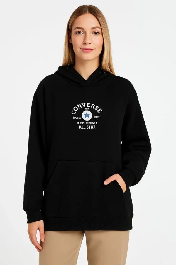 Üç İplik Kapşonlu ön Ve Arka Baskılı SweatShirt Hoodie- Siyah
