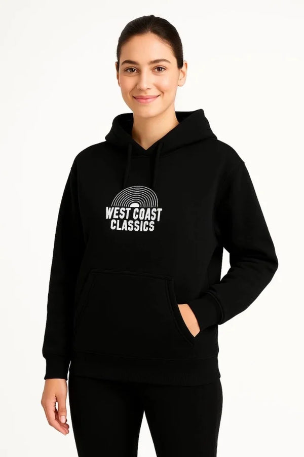 Üç İplik Kapüşonlu Ön Ve Arka Baskılı SweatShirt Hoodie - Siyah